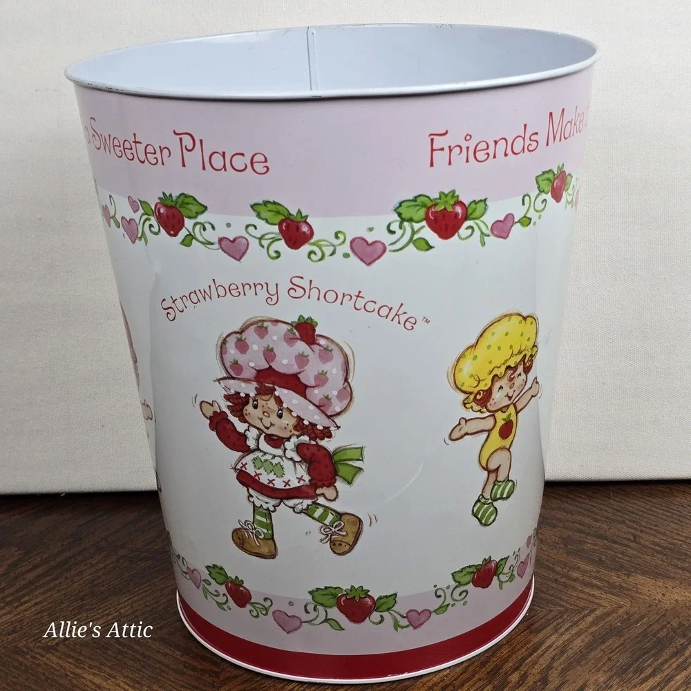 Strawberry Shortcake Wastebasket Vintage Trash Can Storage Basket Pink White 10